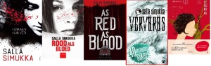 Different versions of the cover for As Red as Blood in different languages.